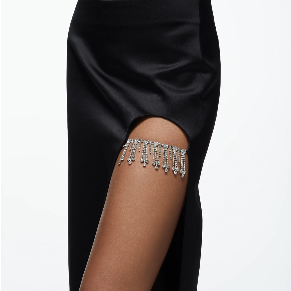 COPY - ZARA BLACK MIDI SATIN SKIRT JEWEL TRIM RHINESTONES